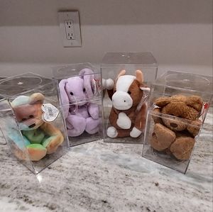4 TY Beanie Babies - Peace Bear, Curly Bear, Bessie & Floppity in Display Boxes